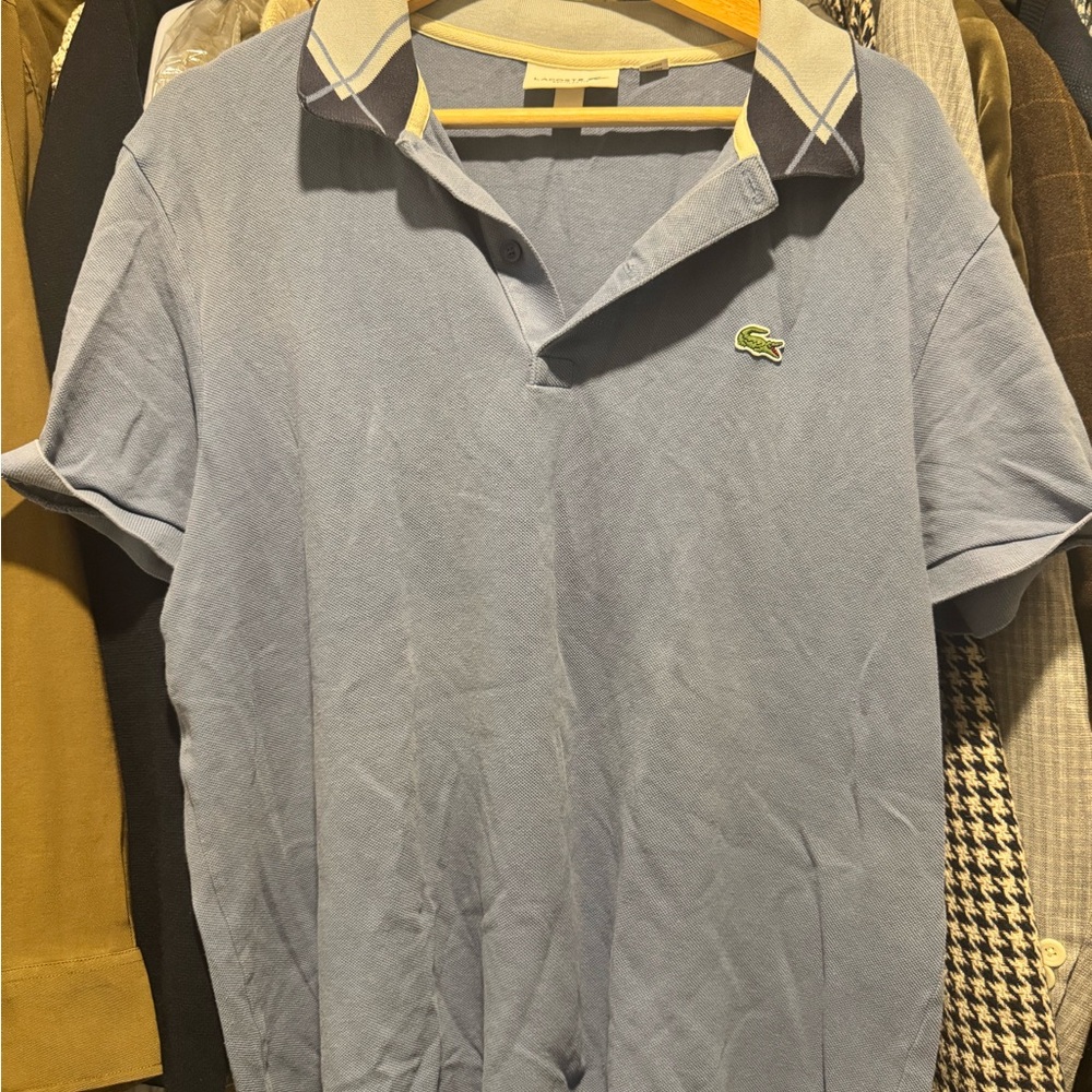 Lacoste Men's Light Blue Polo with Plaid Collar